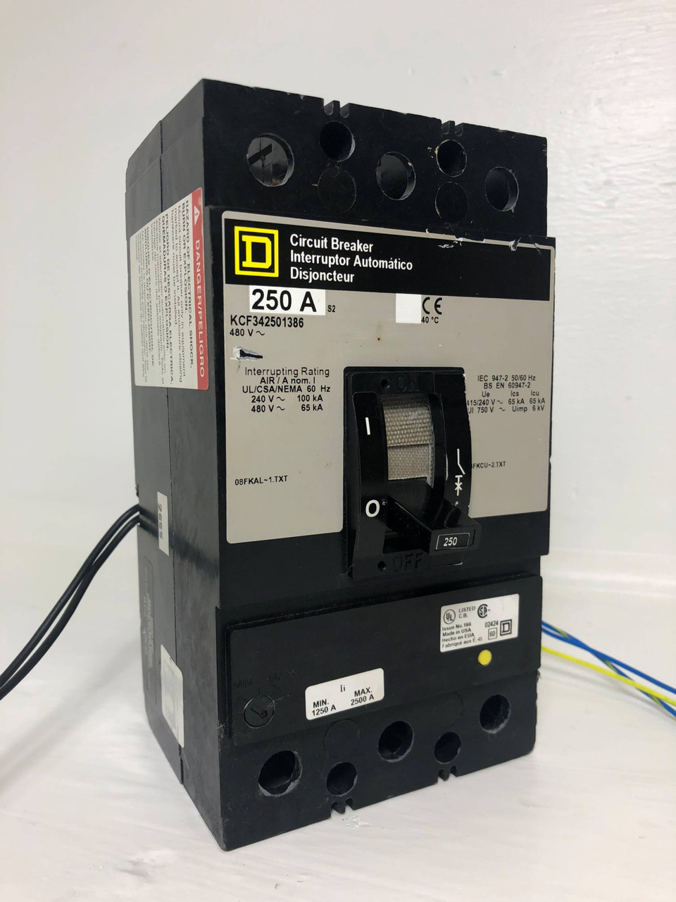 Image of Square D KCF342501386 250A Breaker KCF34250 w/ Shunt & Aux 480 VAC 3P 250 Amp