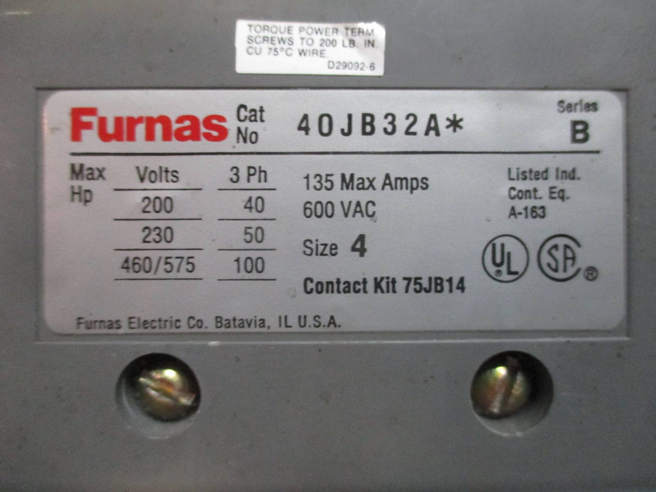 Furnas 40JB32A* Size 4 135A Contactor 120V Coil 100 HP 600Vac Series B Sz4 (EBI1637-10)