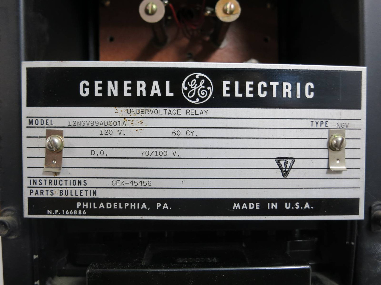 General Electric 12NGV99AD001A Undervoltage Relay GE 120V 60Hz Type NGV Relay (TK4589-3)