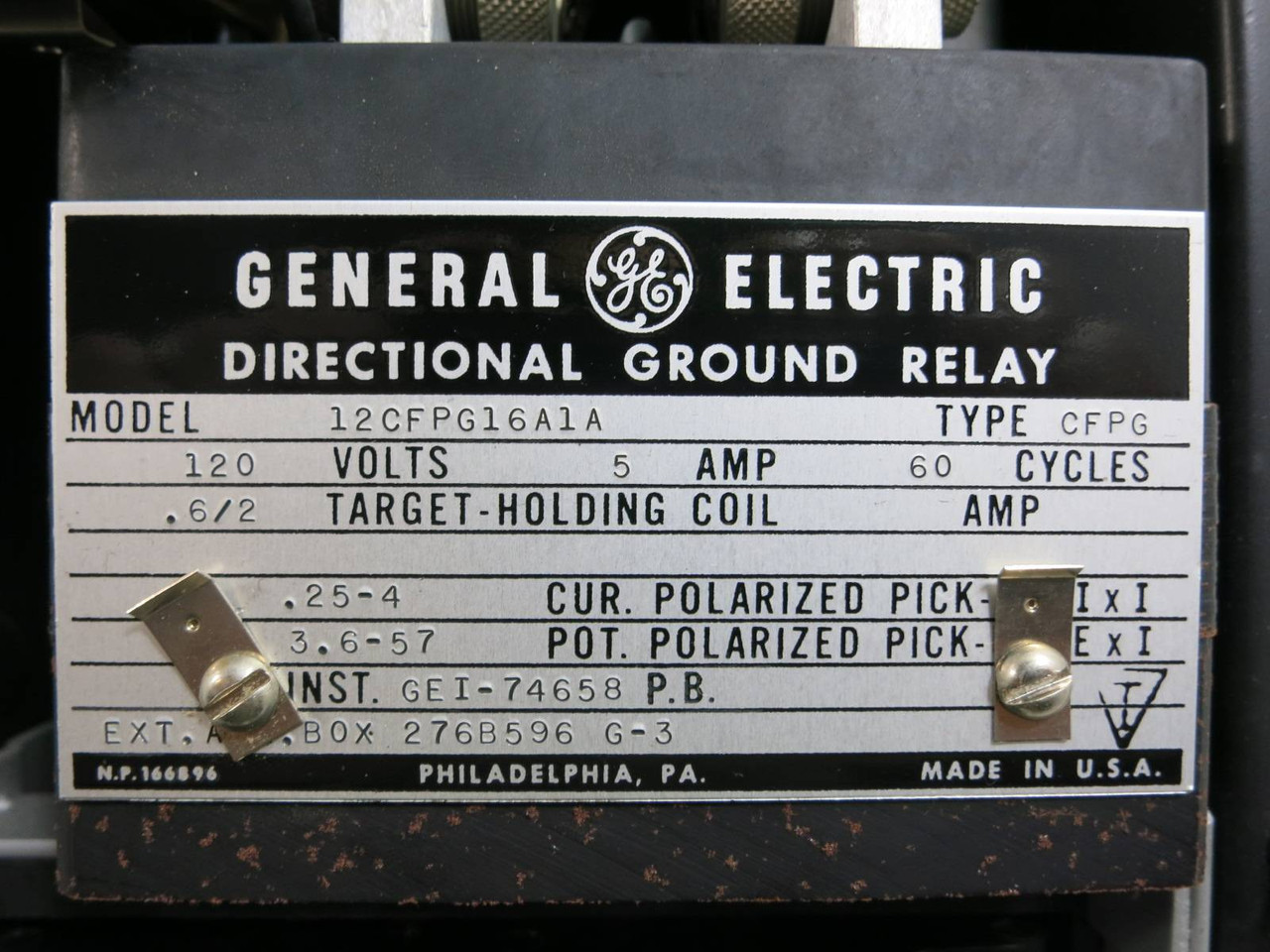 General Electric 12CFPG16A1A Directional Ground Relay GE 120V 5A Type CFPG (TK4594-1)