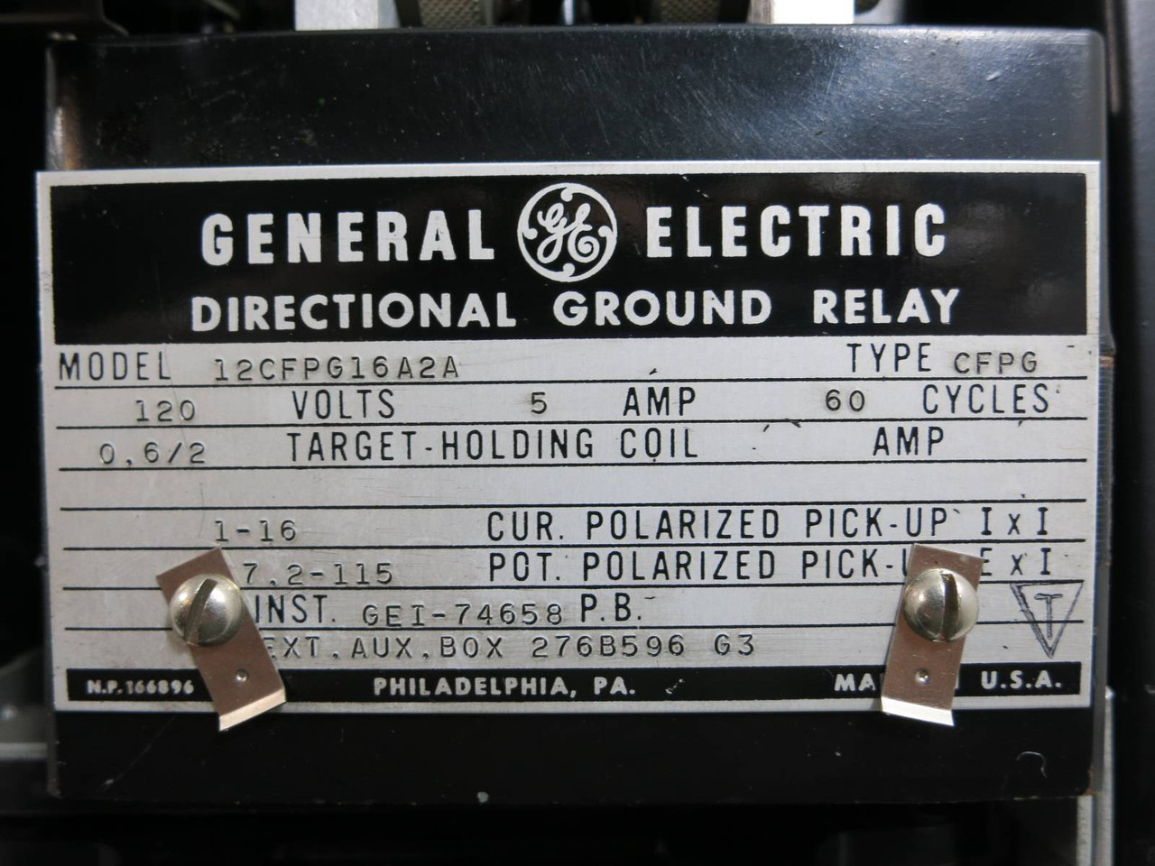 General Electric 12CFPG16A2A Directional Ground Relay GE 120V 5A Type CFPG (TK4593-2)