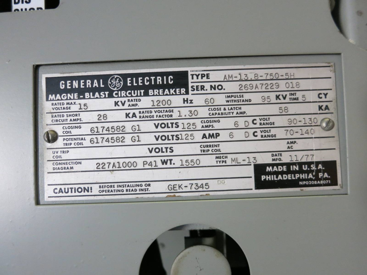 Vacuum Retrofit GE Magne-Blast AM-13.8-750-5H 1200A VVC Breaker General Electric (PM2909-1)