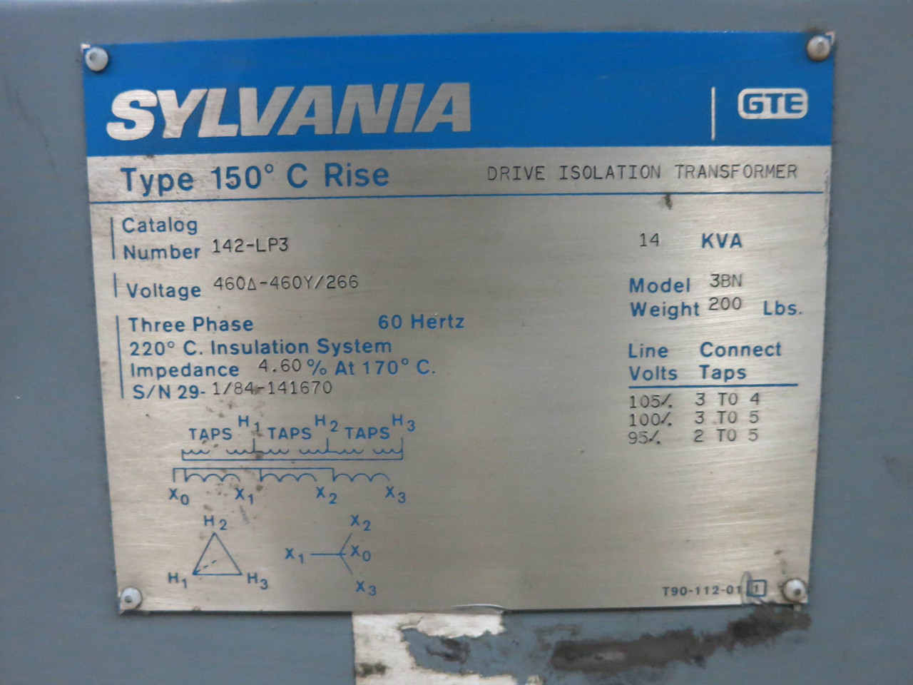 Sylvania 14 kVA 460 to 460Y/266 V 3PH Isolation Transformer 142-LP3T 14kVA Y GTE (DW1356-1)