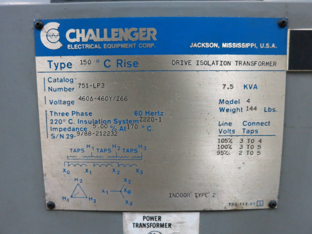 Challenger 7.5 KVA 460 to 460Y/266 V 3PH Isolation Transformer 751-LP3 7.5kVA Y (DW1355-3)