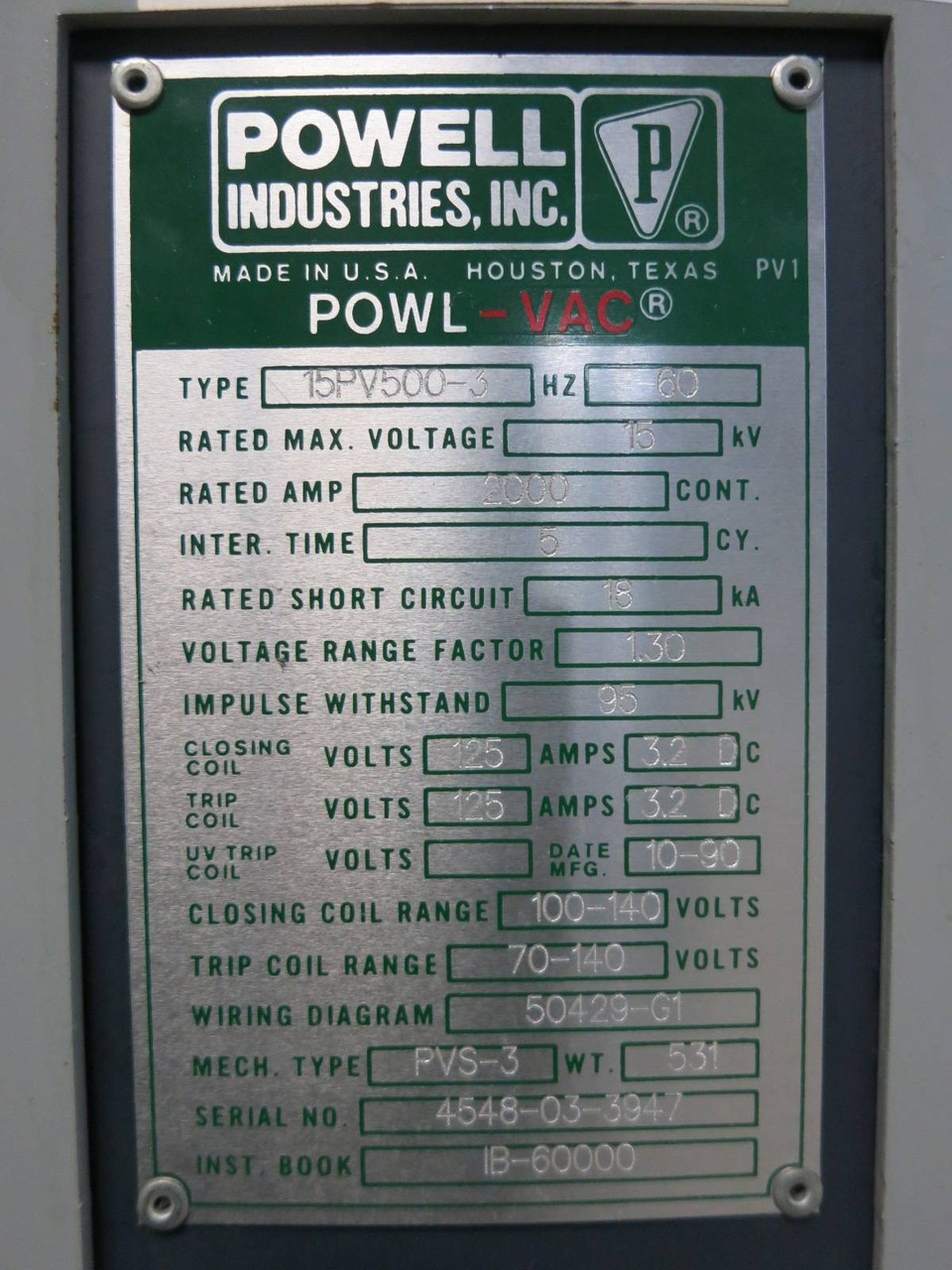 Powell Industries 2000A 15kV 15PV500-3 125DC Powl-Vac Vacuum Breaker PowlVac GE (PM2923-2)