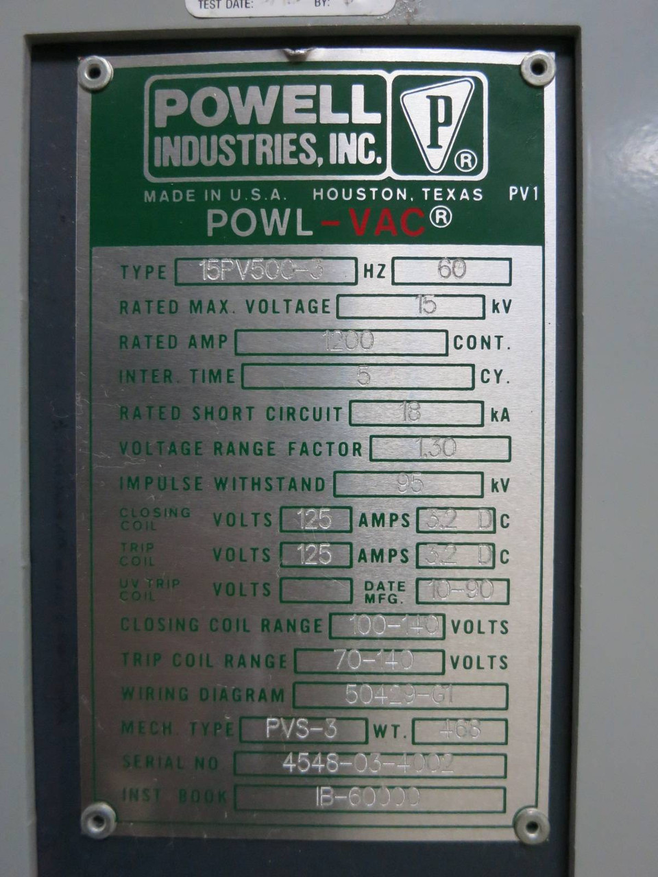 Powell Industries 1200A 15kV 15PV500-3 125DC Powl-Vac Vacuum Breaker PowlVac GE (PM2925-9)