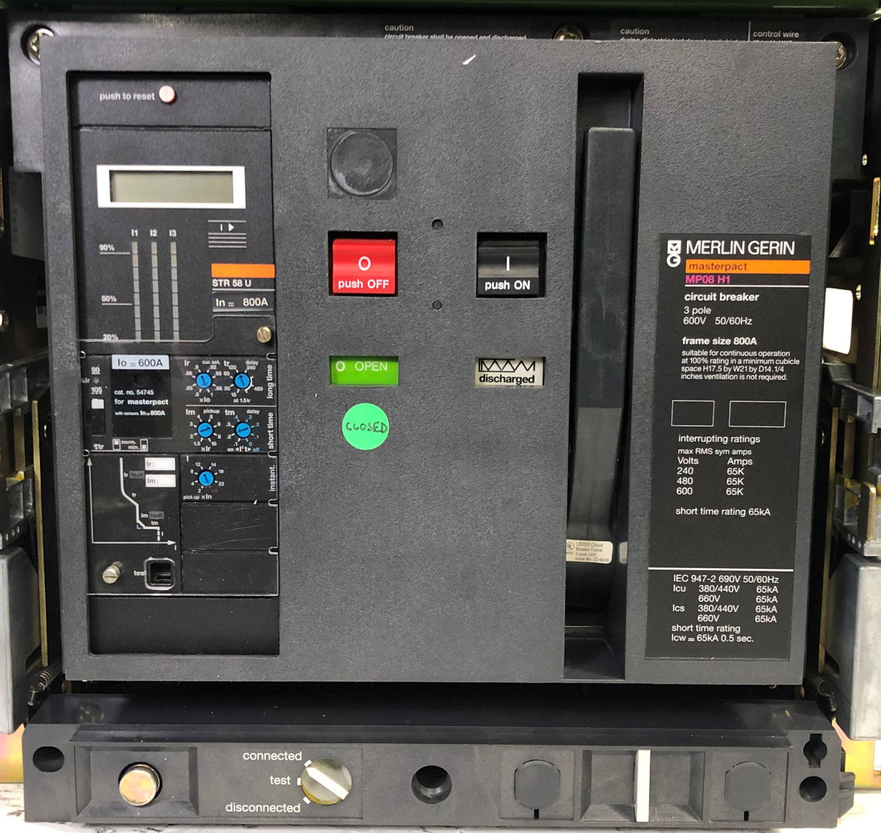 Merlin Gerin MP08H1 800A MasterPact LSI Circuit Breaker in Cradle 600 Amp Plug (EM3347-3)