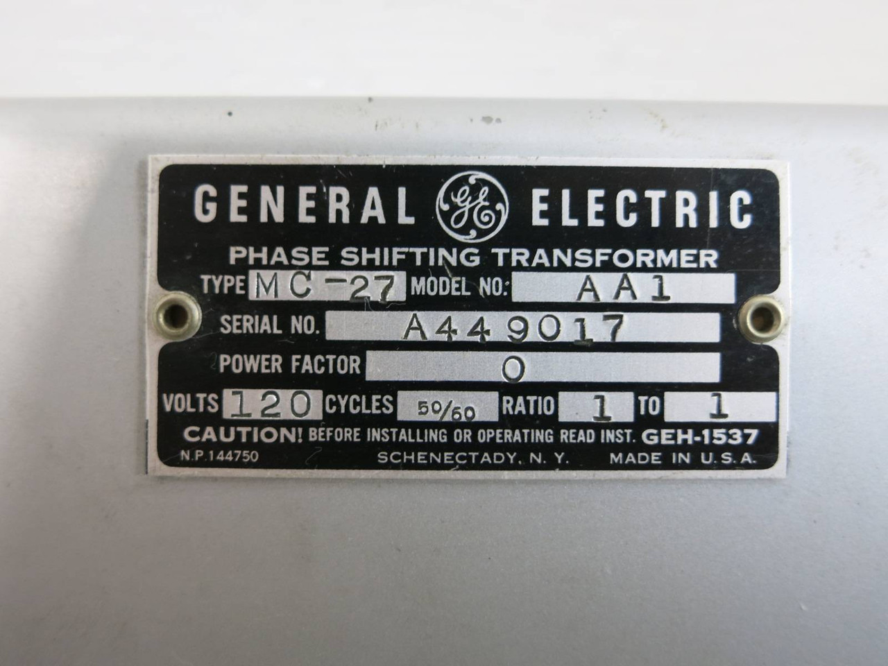 GE AA1 Type MC-27 Phase Shifting Transformer 120V 50/60Hz 1:1 General Electric (TK4680-7)