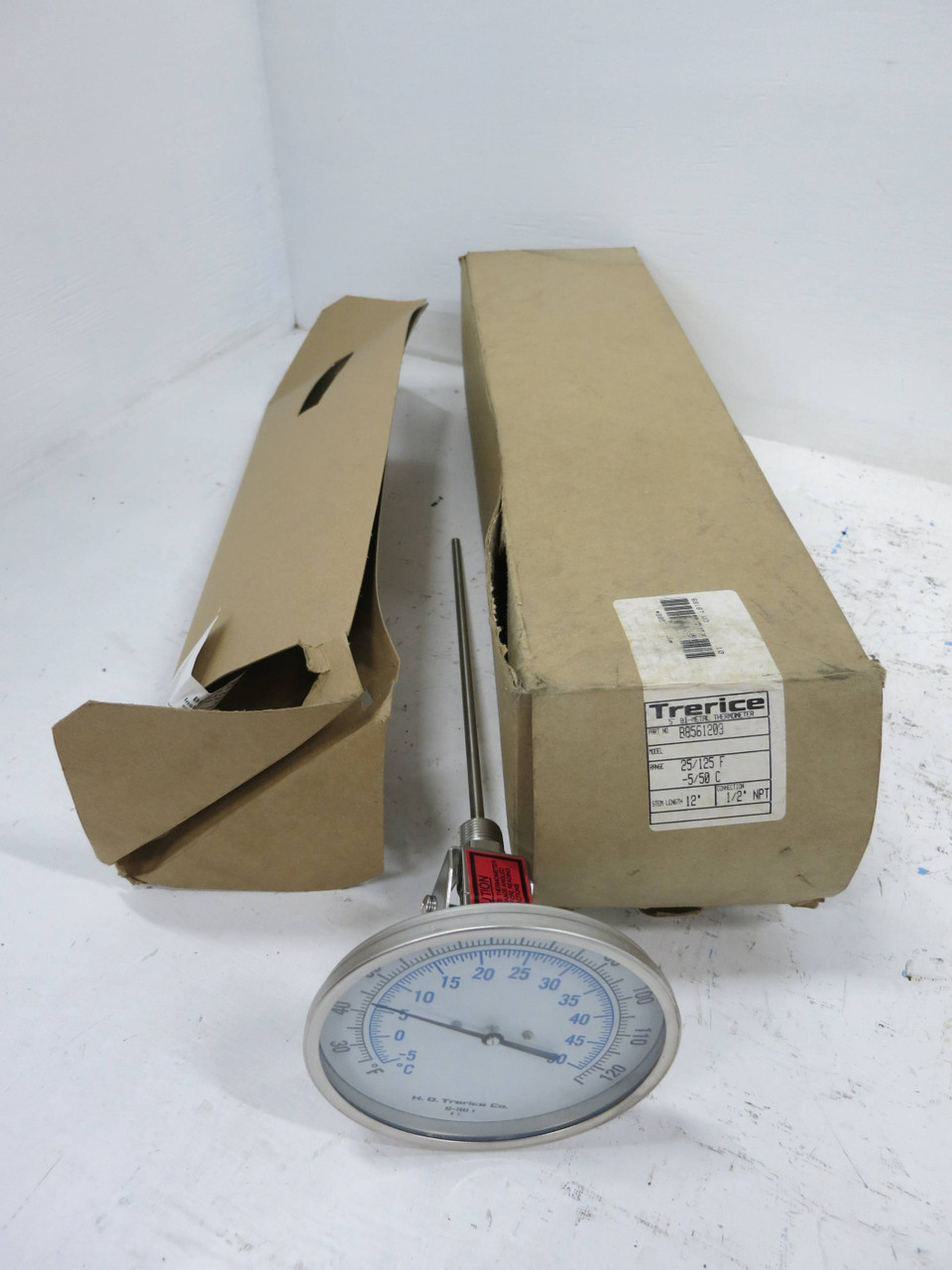 Image of NEW Trerice B8561203 Thermometer 25/125 F -5/50 C 5" Bi-Metal 12" Stem 1/2" NPT