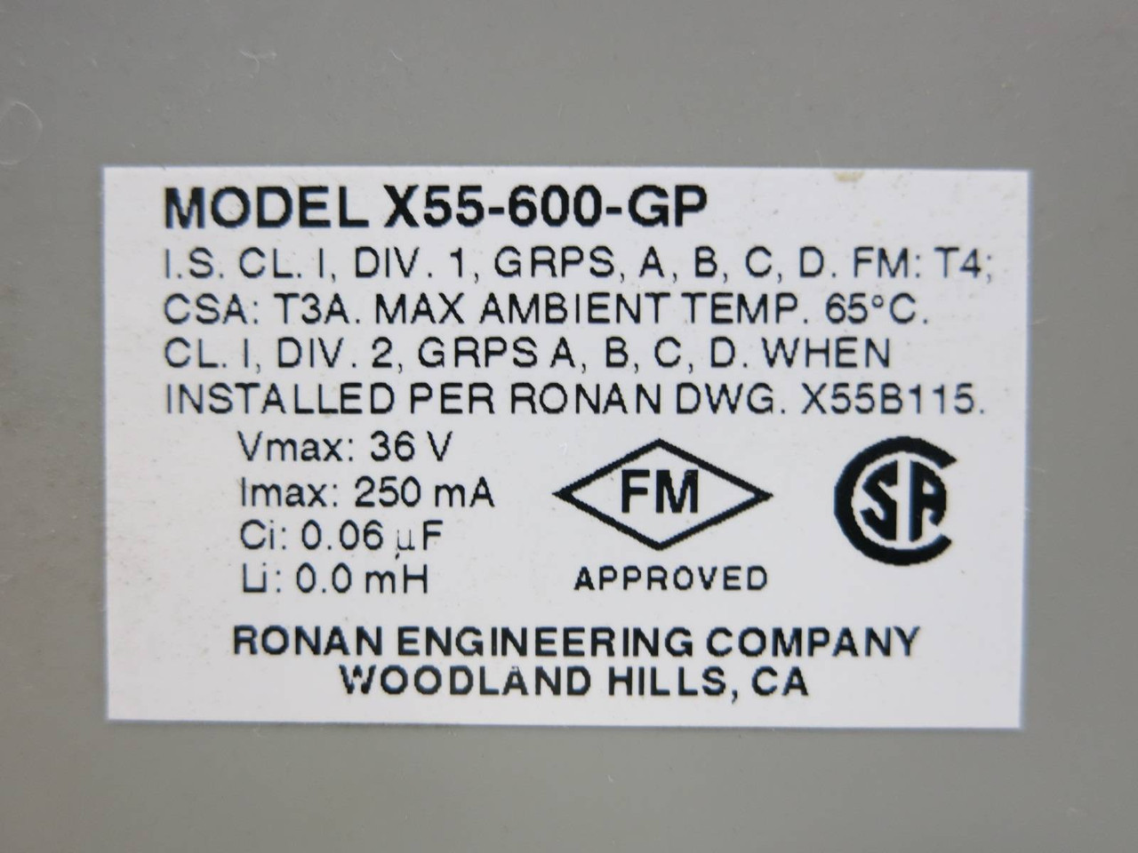 Ronan X55-600-GP Pressure Transducer w/ X55-600-GP-0-20PSI-M (TK4719-15)