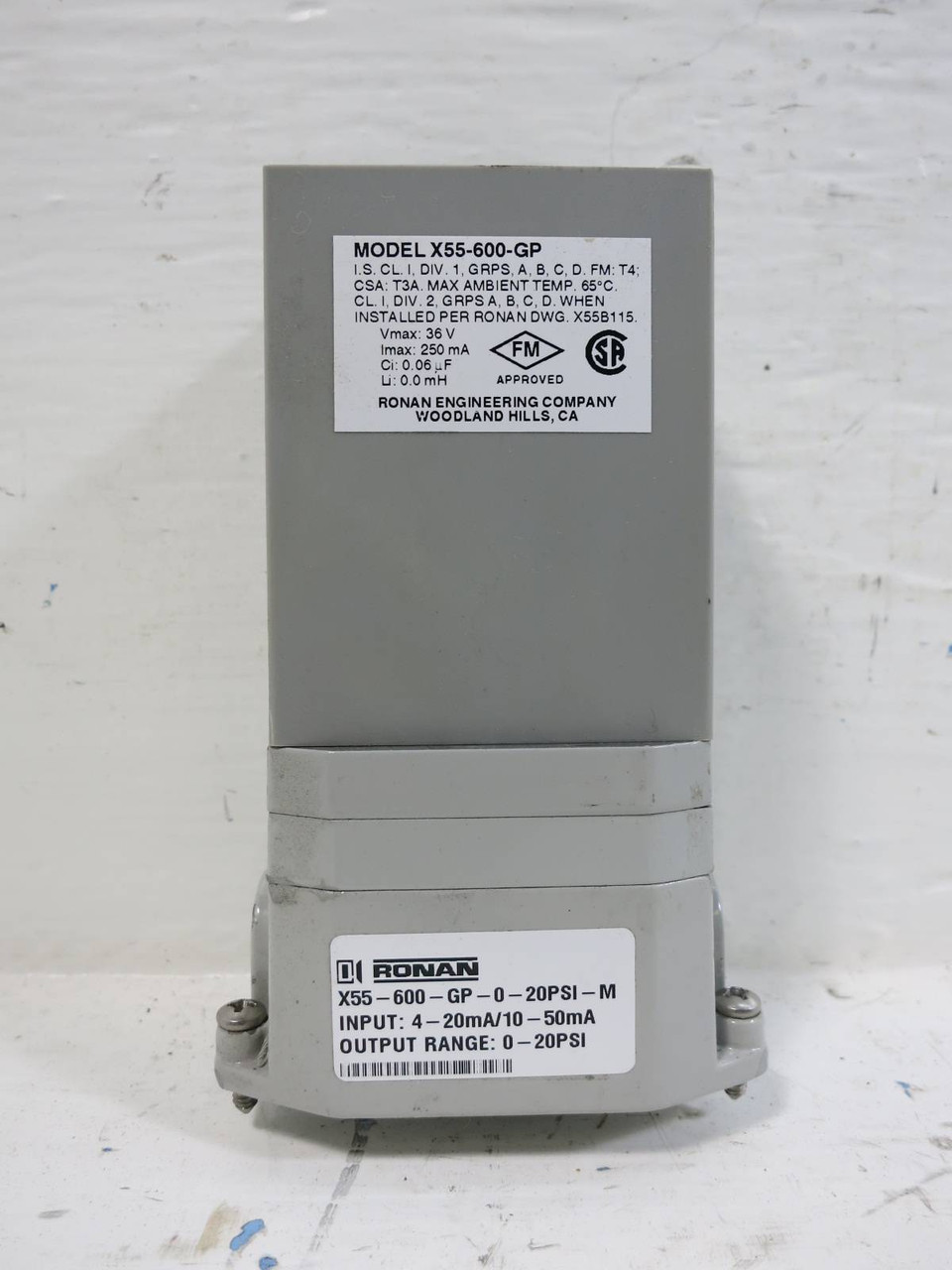 Ronan X55-600-GP Pressure Transducer w/ X55-600-GP-0-20PSI-M (TK4719-15)
