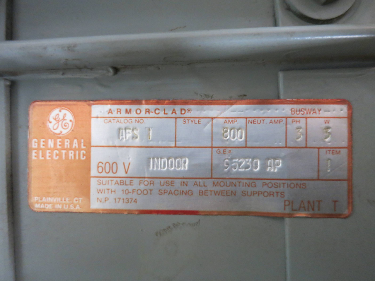 GE AFS1 800A 600V Armor-Clad Tap Box 3PH 3W Busway End 800 Amp Bus AFS-1 3P3W (DW1408-1)