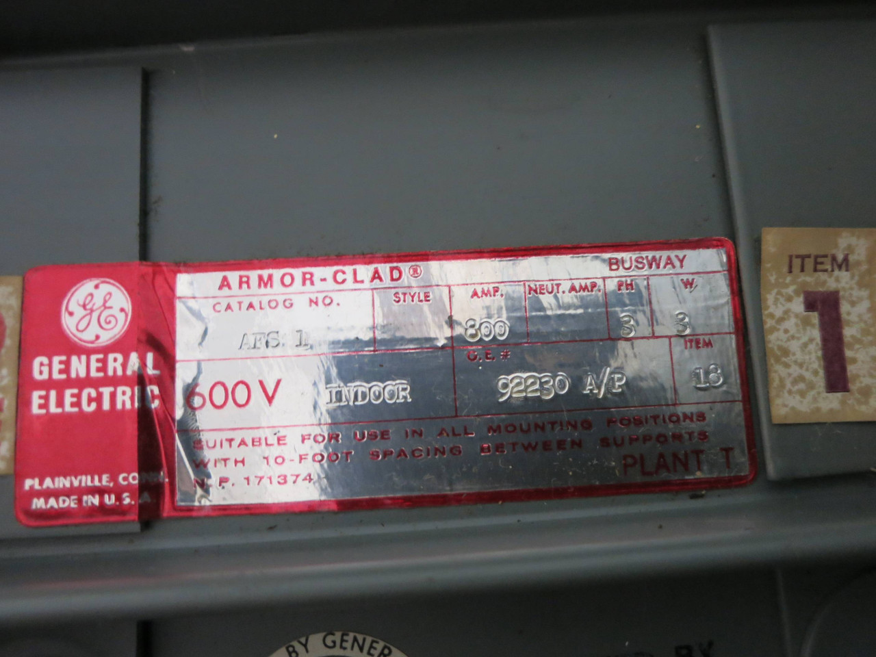 GE AFS1 800A 600V Armor-Clad Cable Tap Box 3PH 3W Busway End 800 Amp w Connector (DW1409-4)