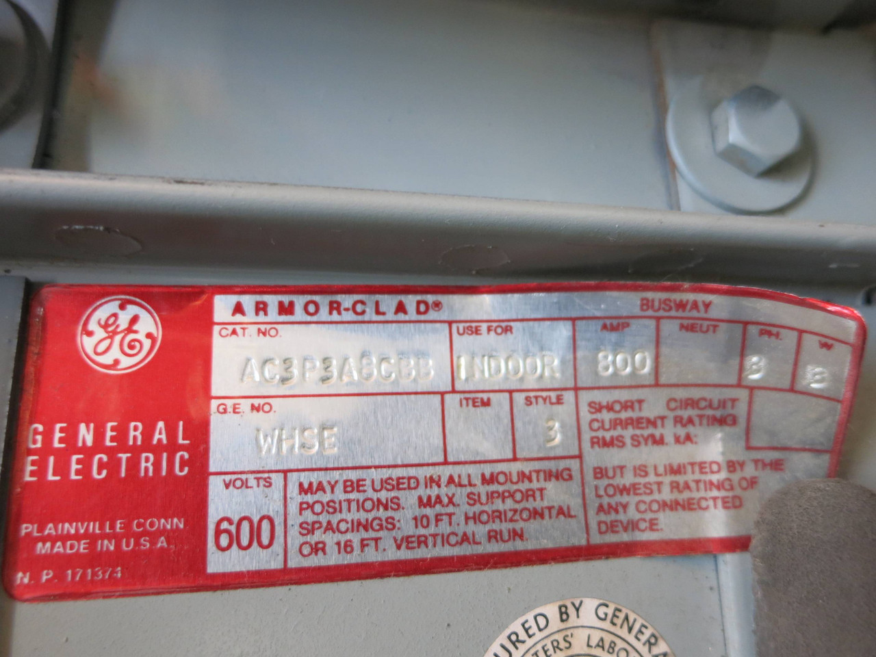 GE AC3P3A8CBB 800A 600V Armor-Clad Tap Box 3PH 3W Busway End 800 Amp Bus AFS1 (DW1407-2)