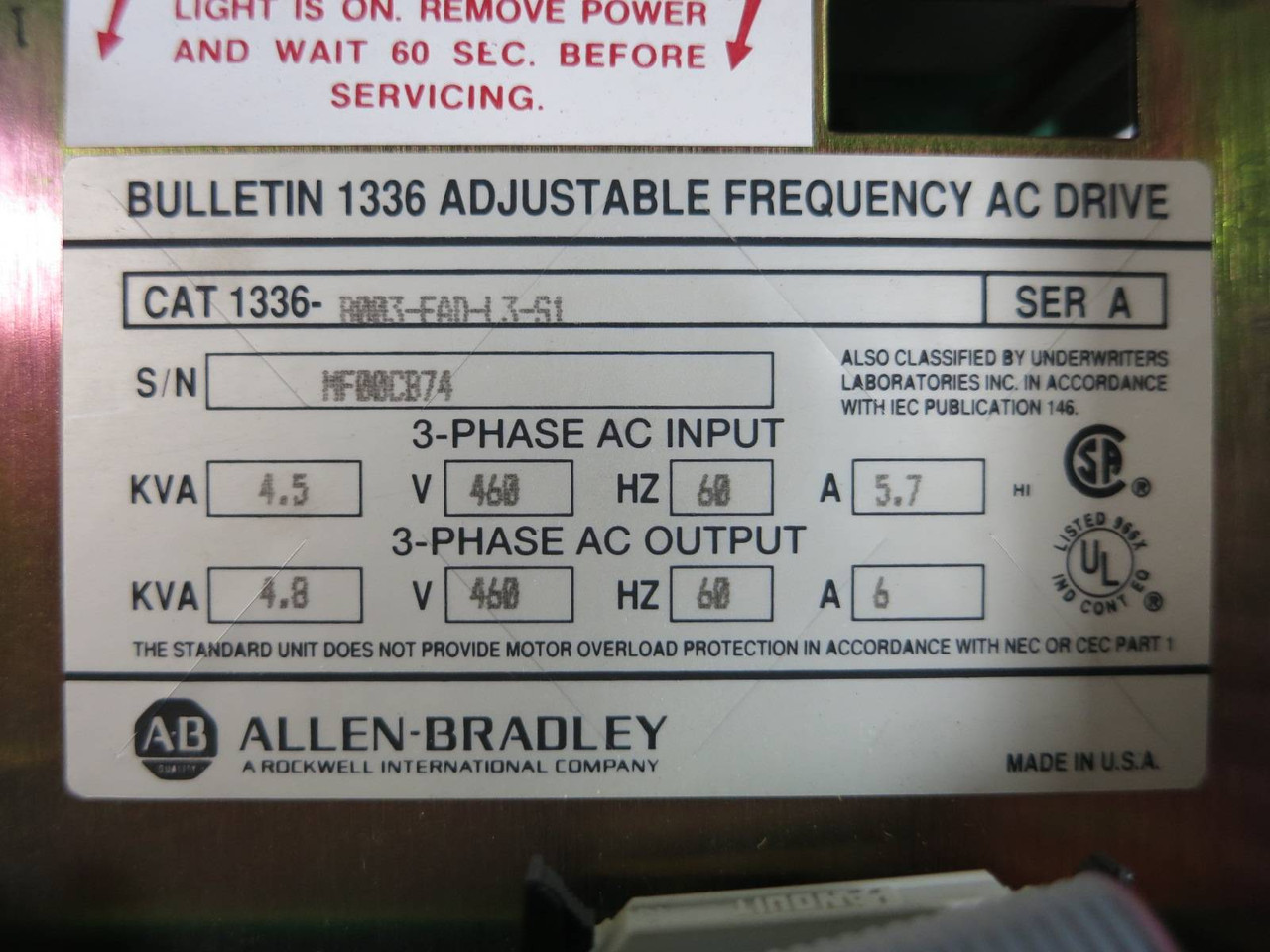 Allen Bradley 1336-B003-EAD-L3-S1 3 HP 1336 AC VS Drive AB 3HP 4.8kVA 460V 6A (TK4795-1)