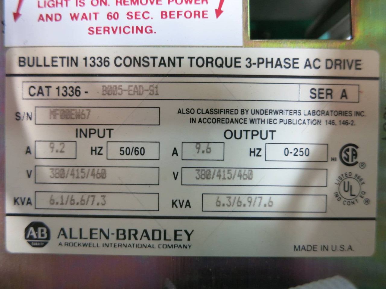 Allen Bradley 1336-B005-S1 5 HP 1336 AC VS Drive AB 5HP 7.6kVA 460V 9.6A (TK4794-2)