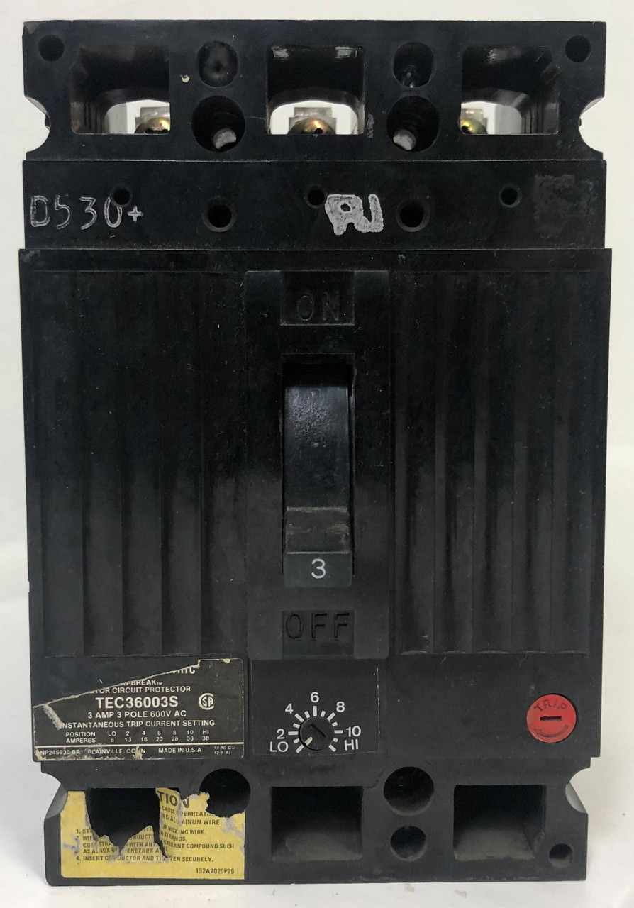 GE TEC36003S 3A Mag-Break Circuit Breaker 480/600V 3 Pole 3 Amp General Electric (EM3436-12)