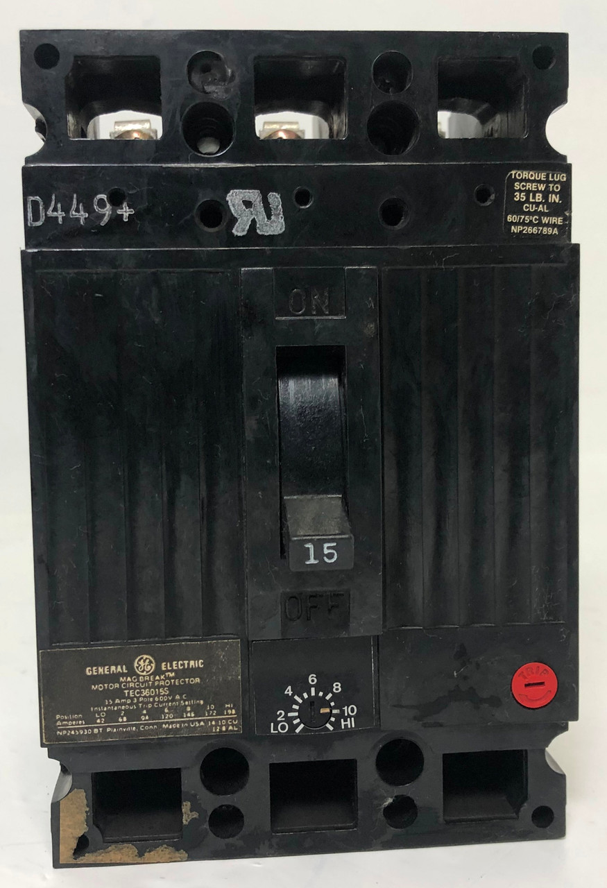 GE TEC36015S 15A Mag-Break Circuit Breaker 480/600V 3P 15 Amp General Electric (EM3439-11)
