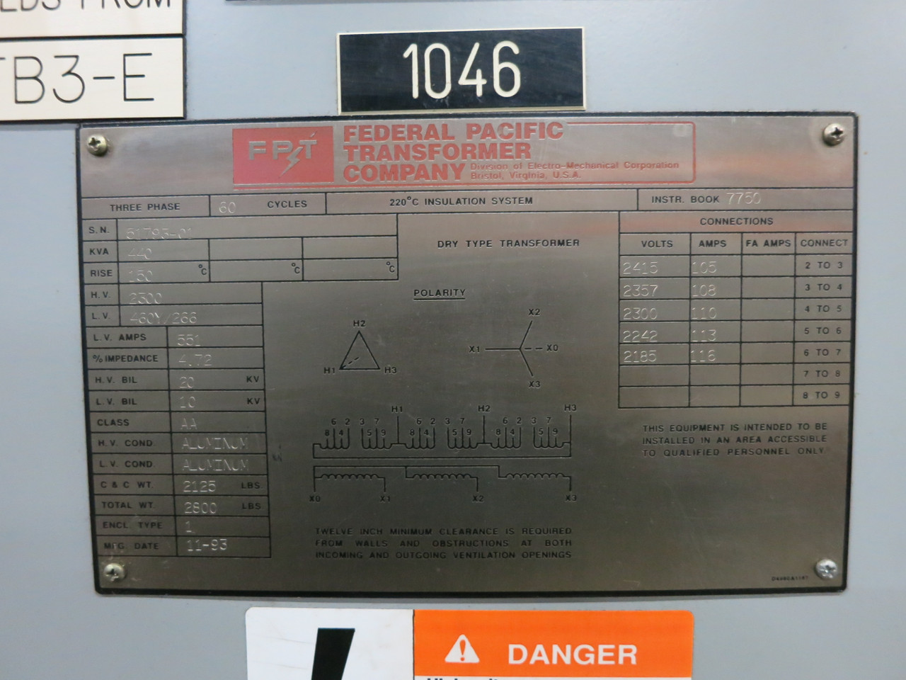 FPT 440 kVA 2300 Delta to 460Y/266 V 3PH Dry Type Transformer 440kVA 2300V 460 (DW1440-1)