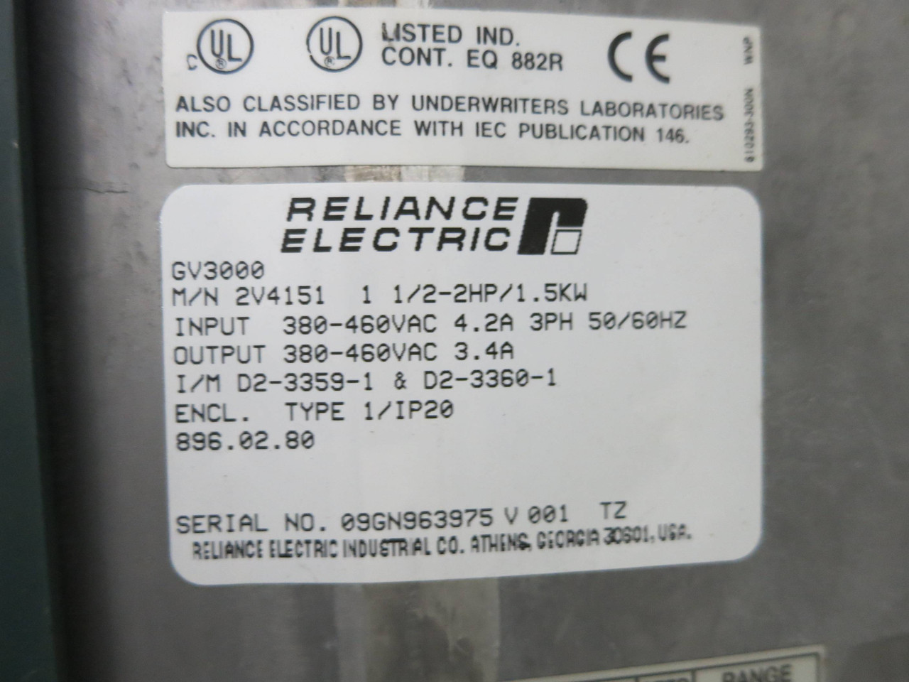 Reliance Electric 2V4151 2 HP GV3000 AC VS Drive RE 1.5/2HP 460V GV-3000 1.5KW (DW1453-1)