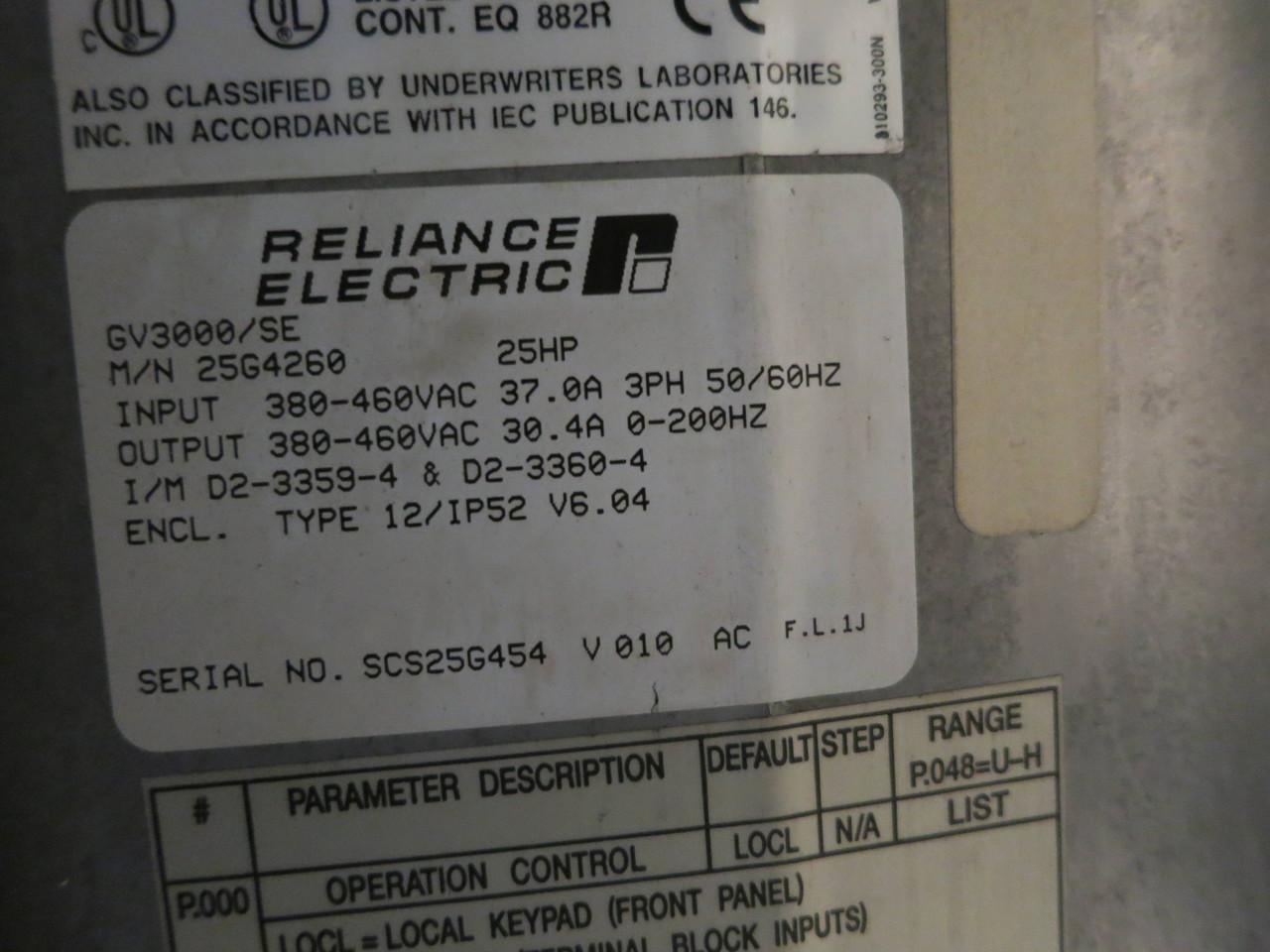 Reliance Electric 25G4260 VTAC7 GV3000/SE 25HP HVAC Drive 25 HP 25H4160 460V 37A (DW1476-1)