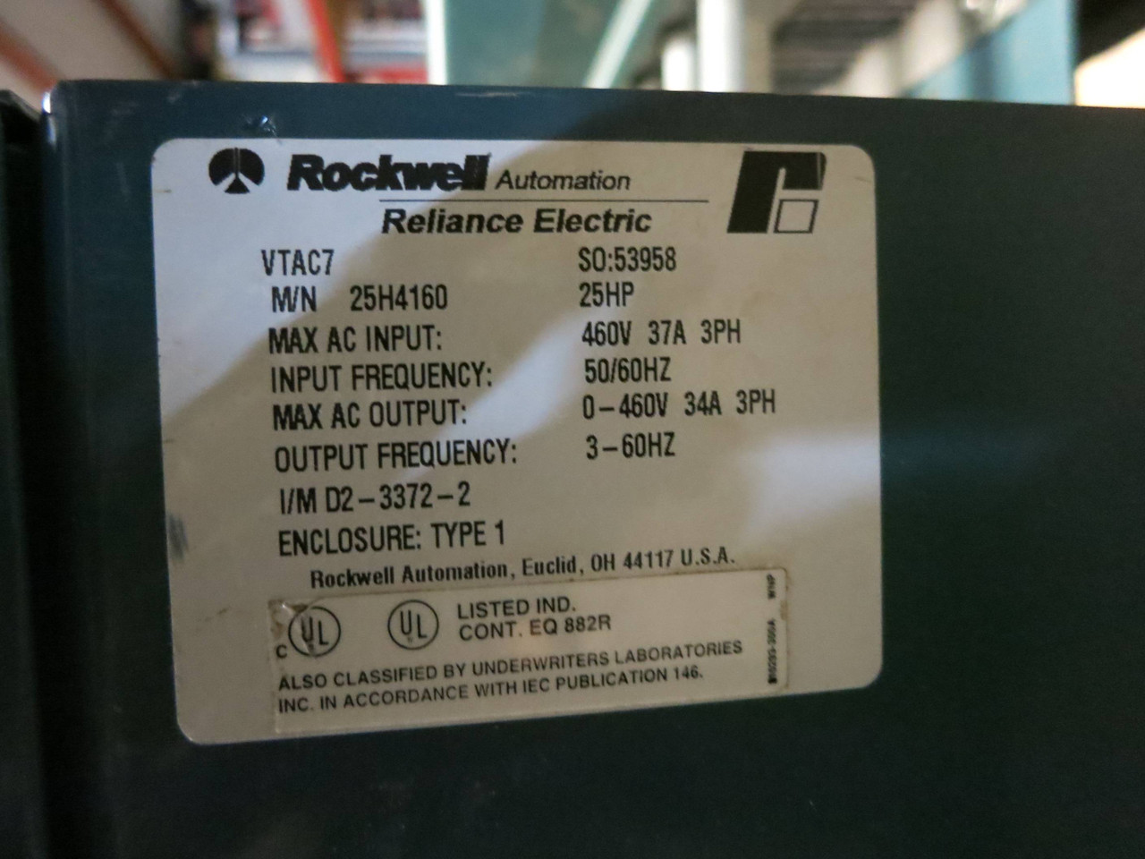Reliance Electric 25G4260 VTAC7 GV3000/SE 25HP HVAC Drive 25 HP 25H4160 460V 37A (DW1476-1)