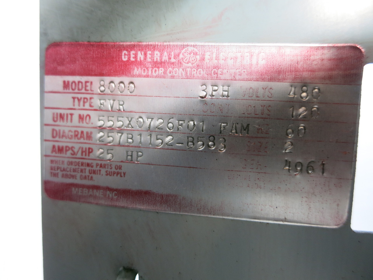GE 8000 FVR Size 2 Reversing Starter 60 Amp Fusible 24" MCC Bucket 60A Sz2 (TK4945-1)