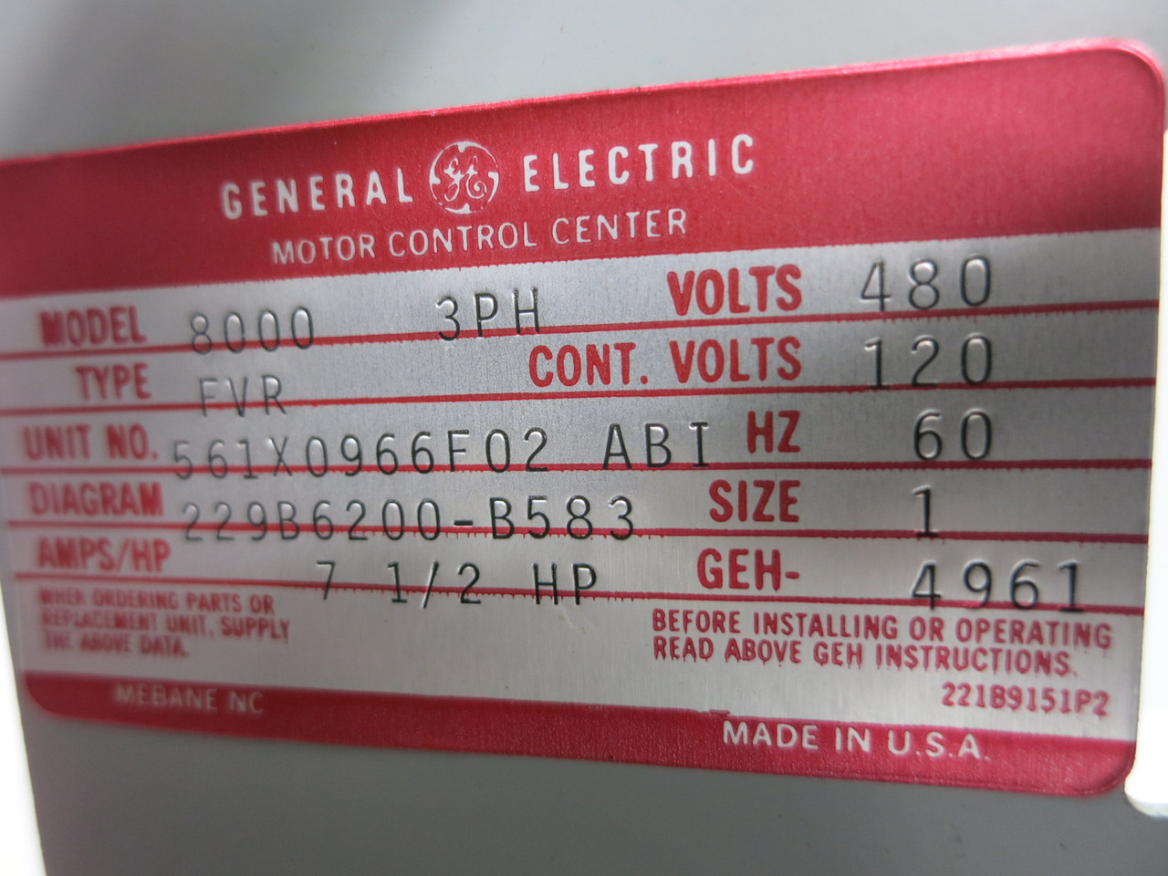 GE 8000 FVR Size 1 Reversing Starter 30 Amp Fusible 18" MCC Bucket CR309CO**ACJA (TK4948-12)