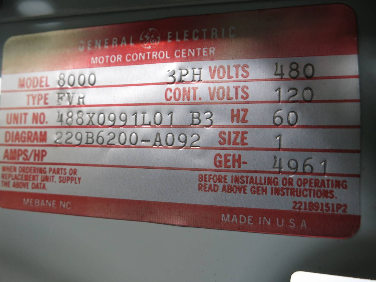 GE 8000 FVR Size 1 Reversing Starter 30 Amp Fusible 18" MCC Bucket CR209C000ACDA (TK4950-2)