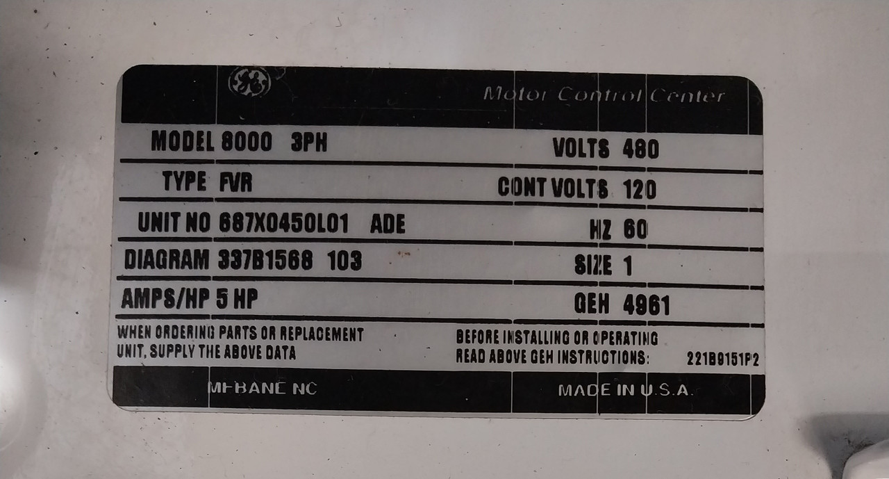 GE 8000 FVR Size 1 Reversing Starter 30 Amp Fusible 18" MCC Bucket CR309CO**ADFC (TK4951-3)