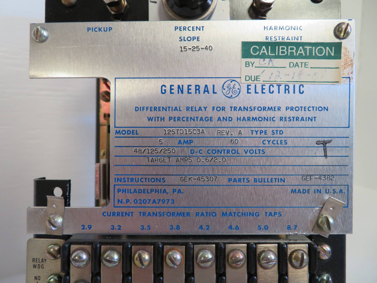 General Electric 12STD15C3A Differential Relay Transformer Protection Relay STD (NP2333-1)