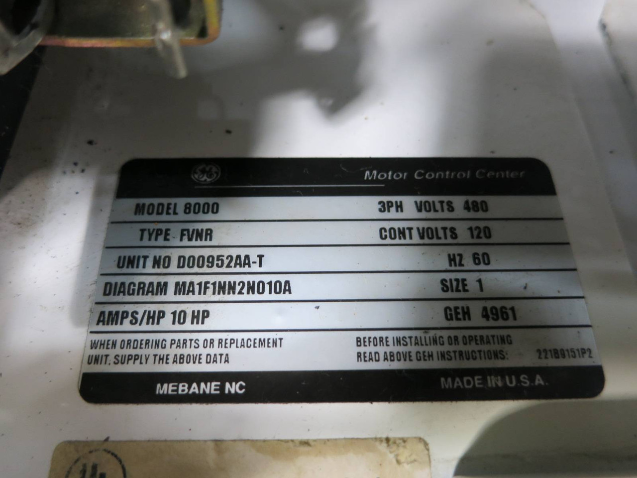 GE 8000 Size 1 Starter 30 Amp Fusible 12" FVNR MCC Bucket 7700 CR306C0**ACET (TK4955-2)