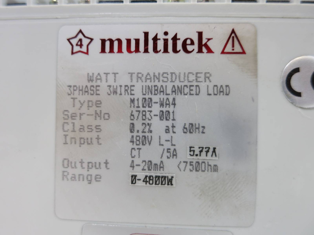 Multitek M100-WA4 Watt Transducer 480V L-L 0.2% at 60Hz (TK5017-7)