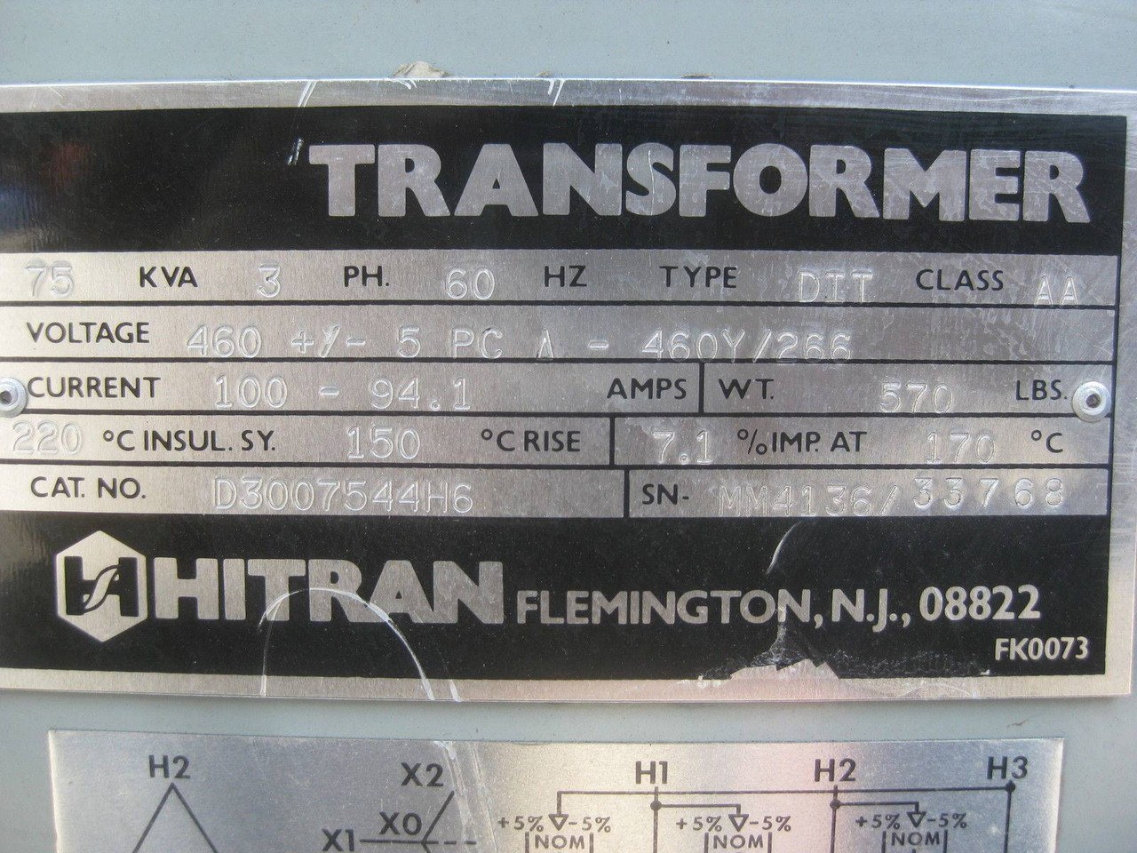Hitran 75 KVA 460 Delta to 460Y/266 D3007544H6 3PH Isolation Transformer 75kVA V (EBI2394-1)