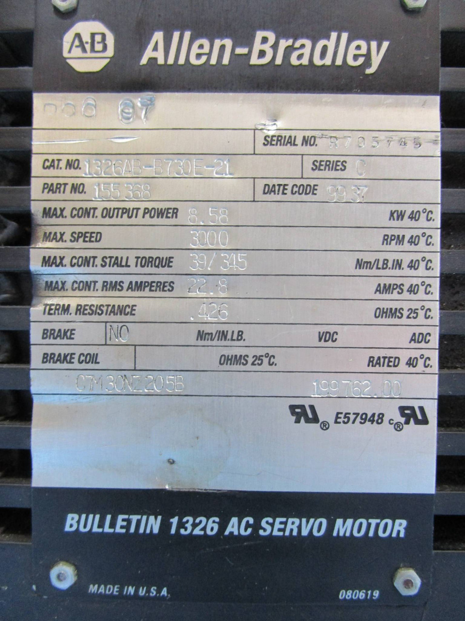Allen Bradley 1326AB-B730E-21 AC Servo Motor AB 1326ABB730E21 1326 3000 PS180040 (EBI0163-1)