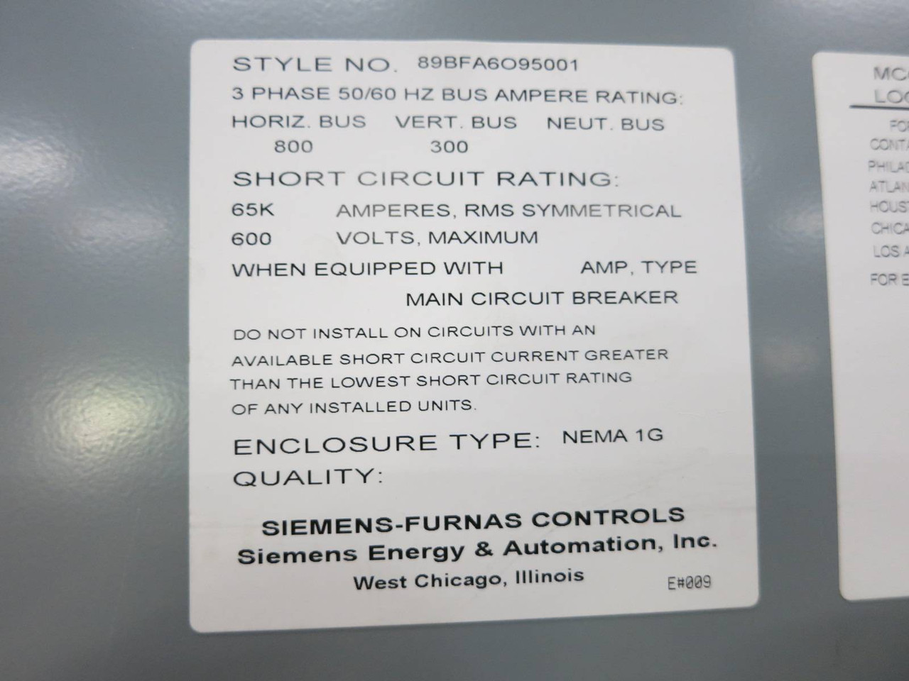 Furnas System 89 2x Motor Control Center Sections 800A / 300A Main Lug Siemens (TK5217-1)