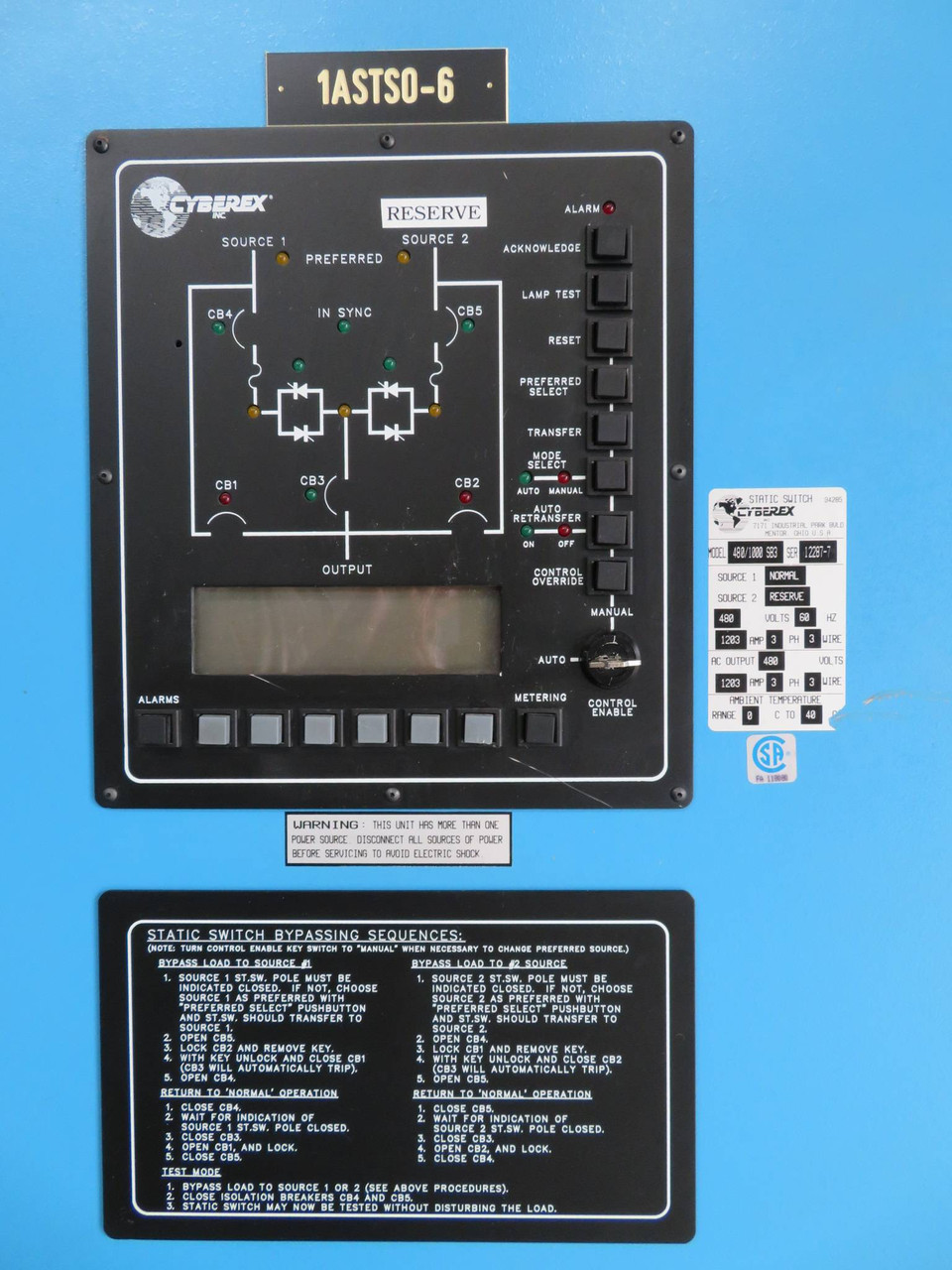 Cyberex 1203 Amp 480 Volts 3PH 3W Static Switch 480/1000SB3 1200A 480V 3 Wire (PM2975-4)