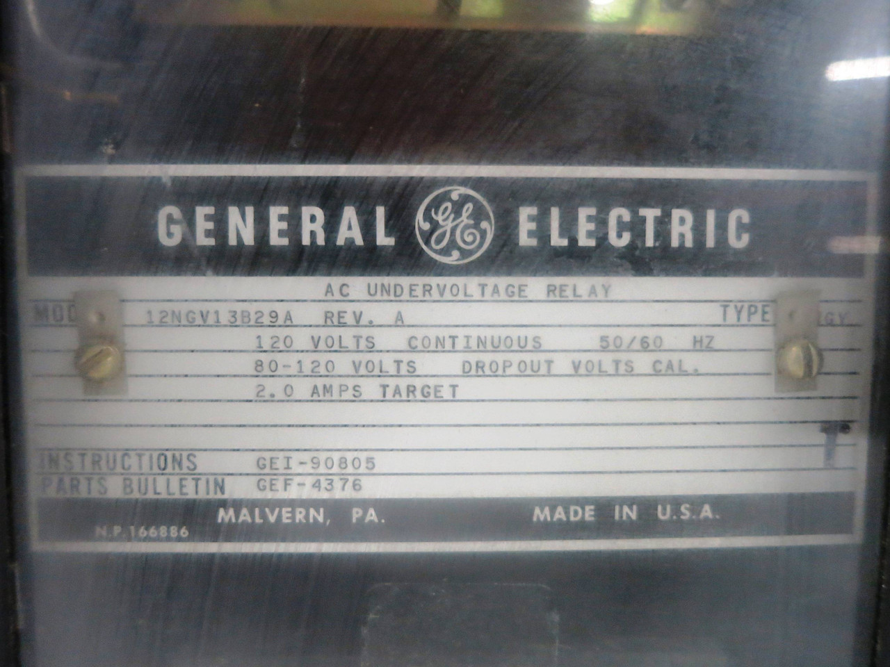 GE 12NGV13B29A AC Undervoltage Relay Type NGV 120V 60Hz 2.0A General Electric (DW1772-2)