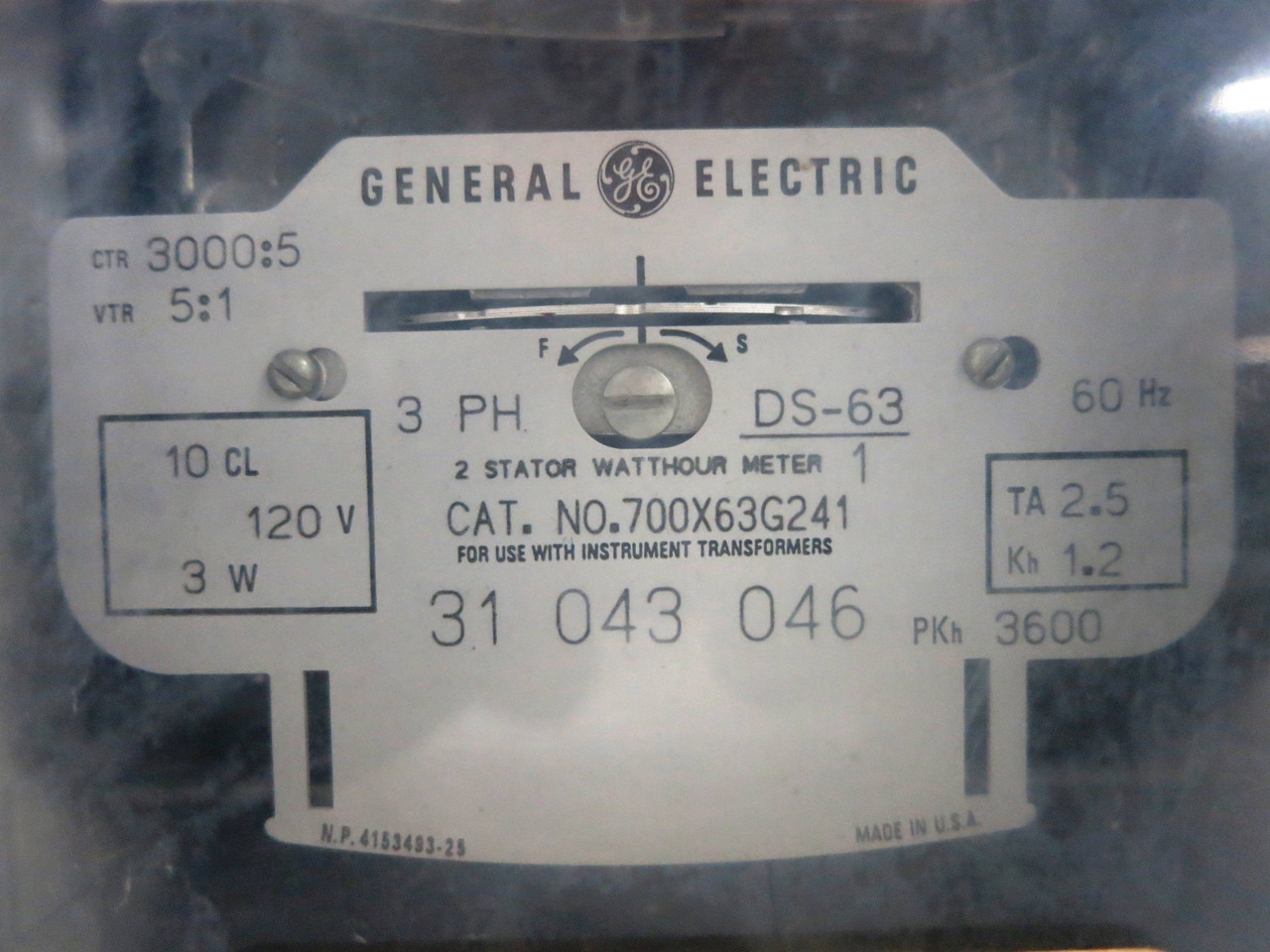GE 700X63G241 2 Stator Watthour Meter Relay 3PH DS-63 Watt Hour 3000:5 5:1 120V (DW1771-2)