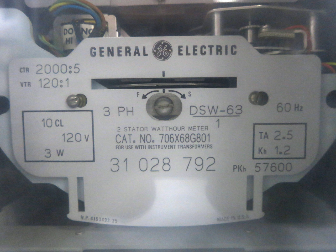 GE 706X68G801 2 Stator Watthour Meter Relay 3PH DSW-63 Watt Hour 2000:5 120V (DW1786-1)