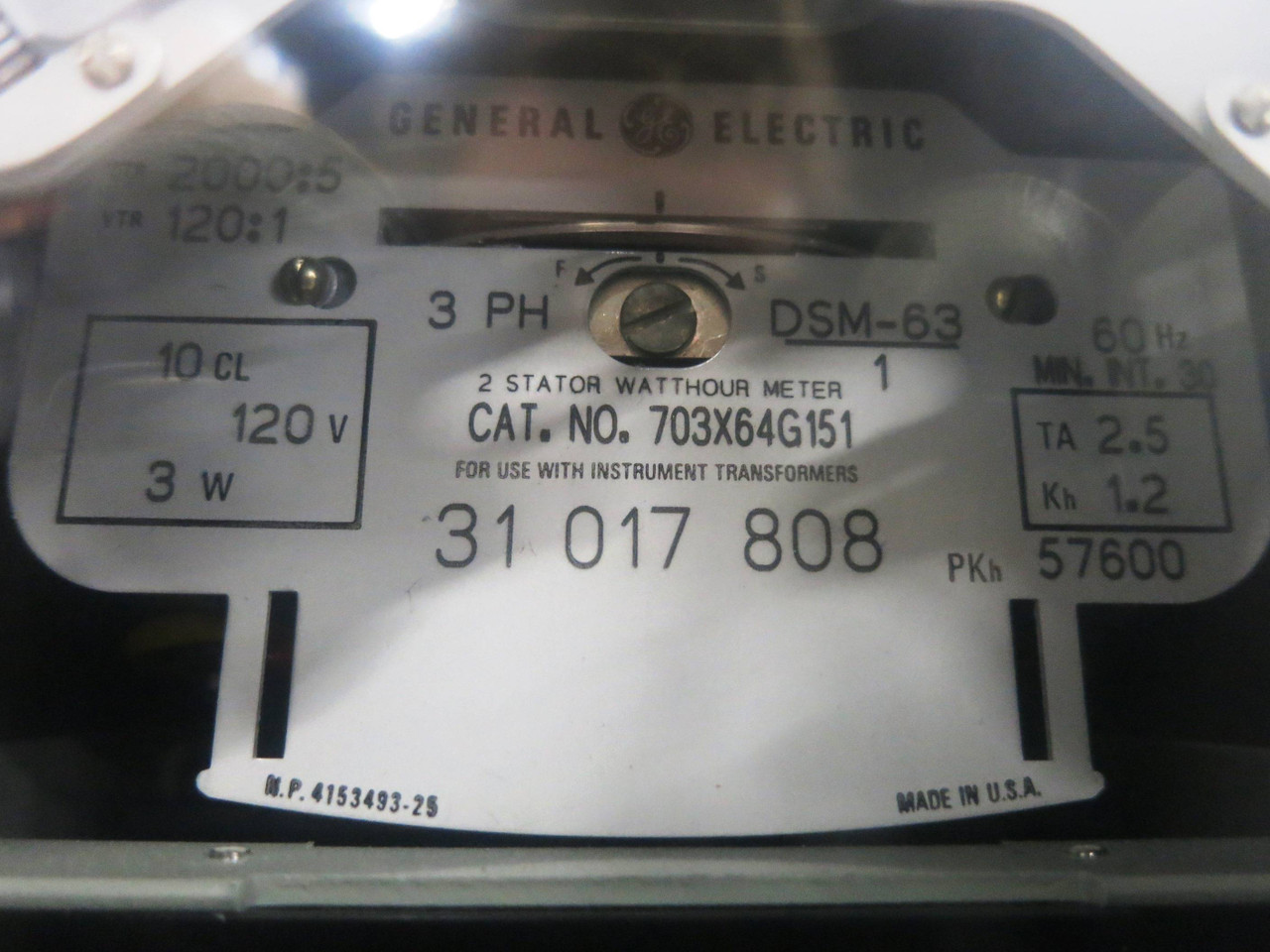 GE 703X64G151 2 Stator Watthour Meter DSM-63 3PH Relay 2000:5 120V 57600 (DW1784-2)