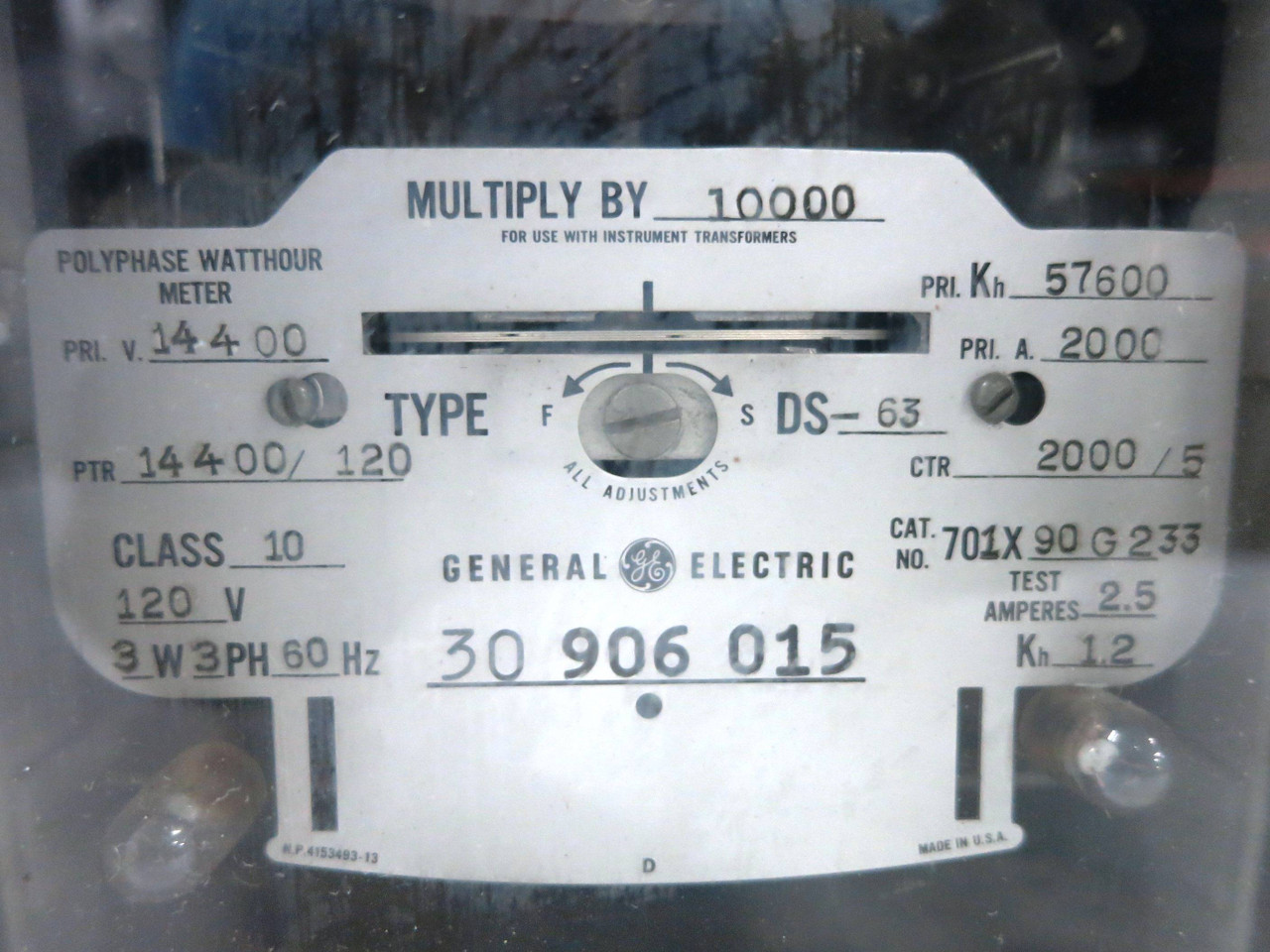 GE 701X90G233 Polyphase Watthour Meter Type DS-63 120V 3W 3PH 14400 57600 (DW1796-2)