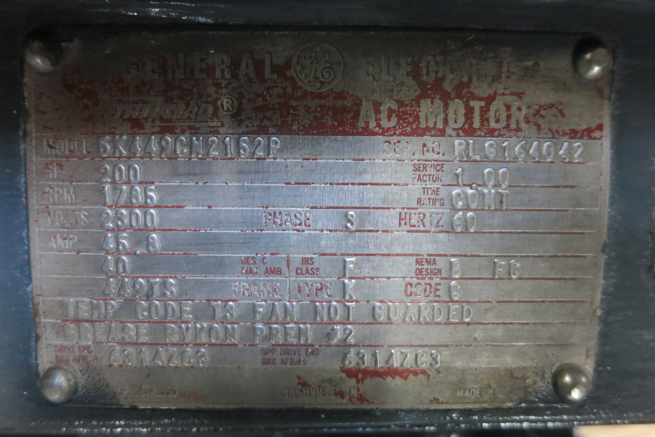 REBUILT GE 200 HP Tri-Clad AC Motor 2300V 1785 RPM Frame 449TS TriClad 2300 VAC (PM3019-3)