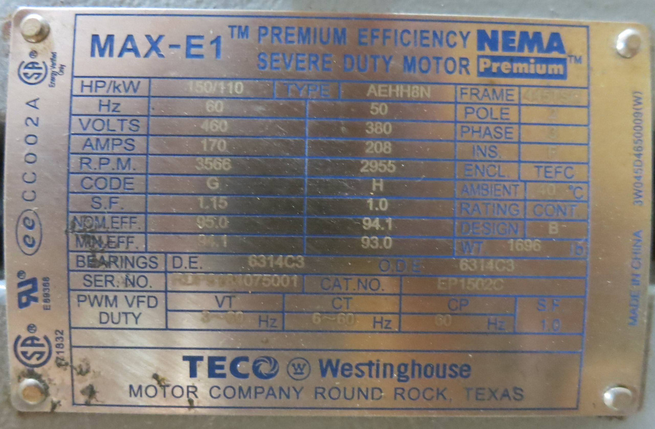 New Teco Westinghouse AEHH8N 150HP 460V 3566RPM Max-E1 Severe Motor 445TSG 150 (PM3021-1)