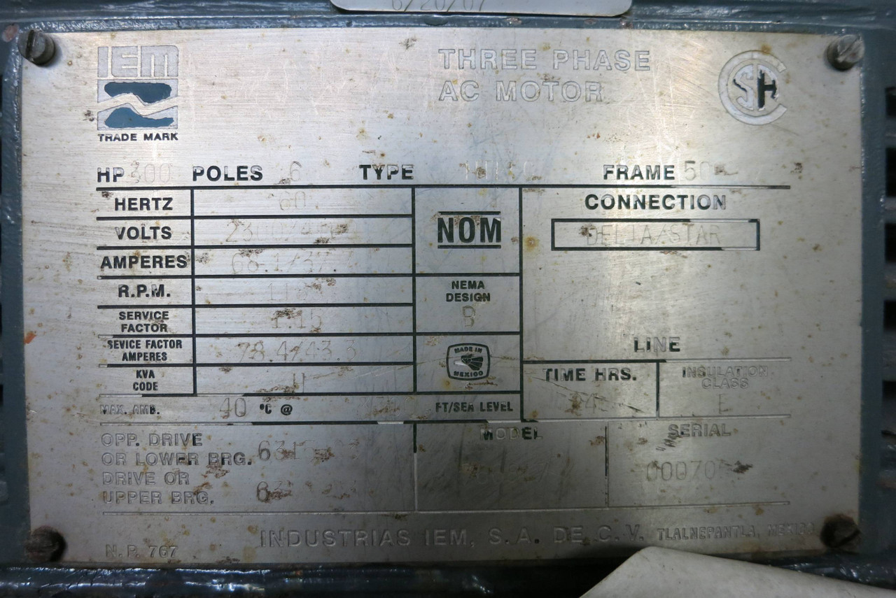 REBUILT IEM 766817 300HP 1189 RPM 2300/4160 V 5009-Z HTEFC AC Motor 300 HP 1200 (PM3022-1)