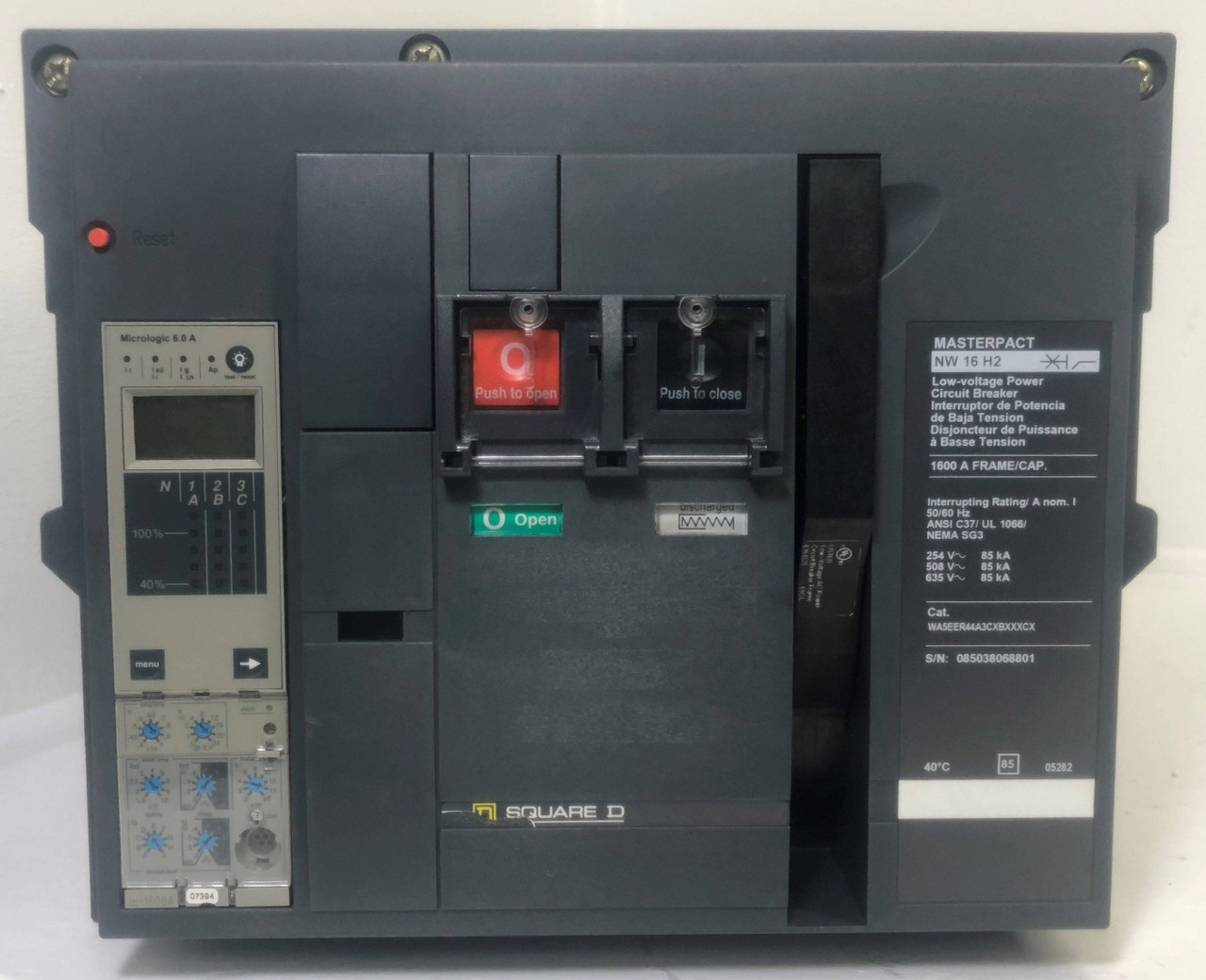 Square D NW16H2 1600A MasterPact LV Circuit Breaker LSIG w 1600 Amp Trip & Shunt (EM3854-1)