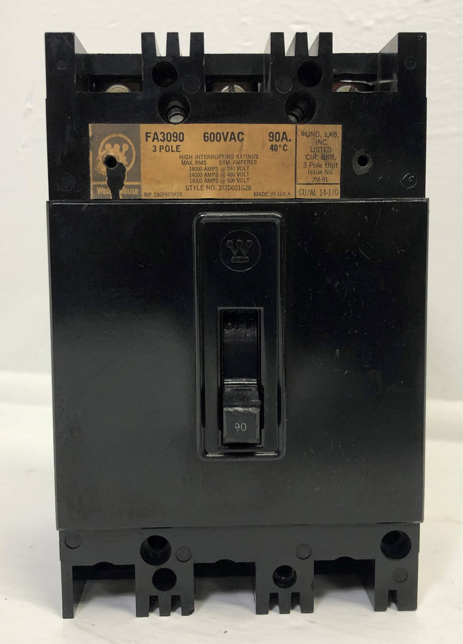 CH Westinghouse FA3090 90A Circuit Breaker 14ka @ 480/600V 3 Pole 90 Amp flaw (EM3861-1)