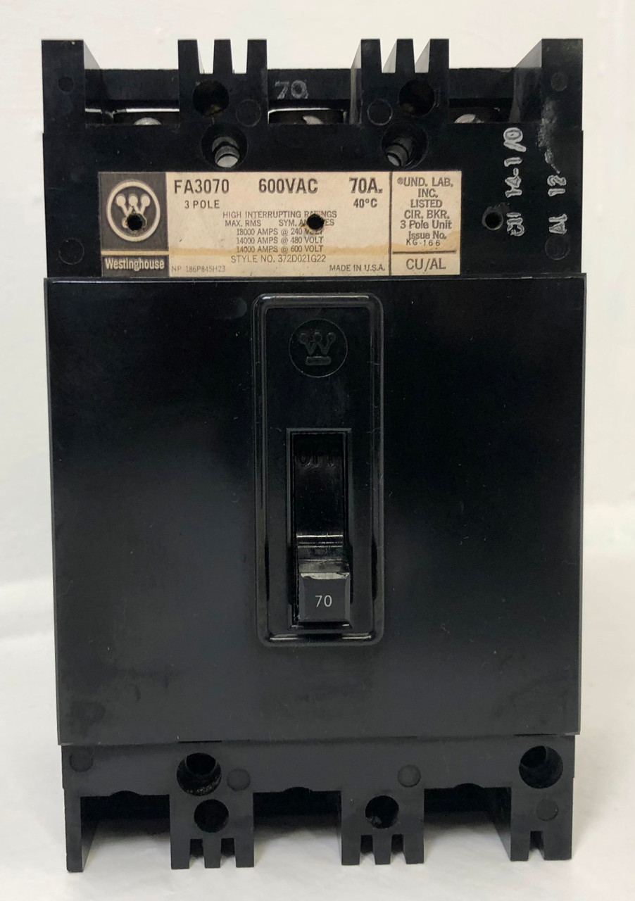 CH Westinghouse FA3070 70A Circuit Breaker 480/600V 3 Pole Type FA 70 Amp flaw (EM3862-16)