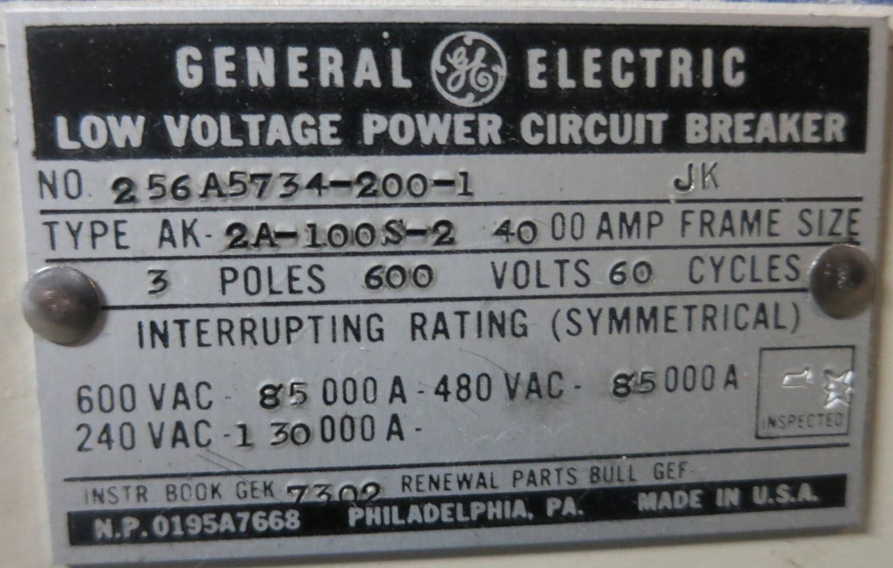 GE AK-2A-100S-2 4000A w AC Pro Trip Unit Breaker General Electric 4000 Amp 100 S (GA0036-1)