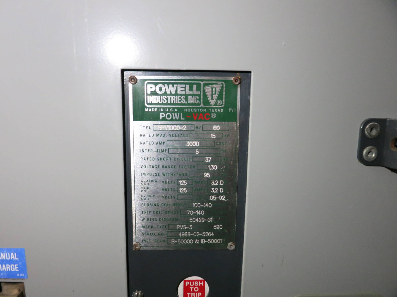 Powell Industries 3000A 15kV 15PV1000-2 125DC Powl-Vac Vacuum Breaker GE PowlVac (GA0040-1)